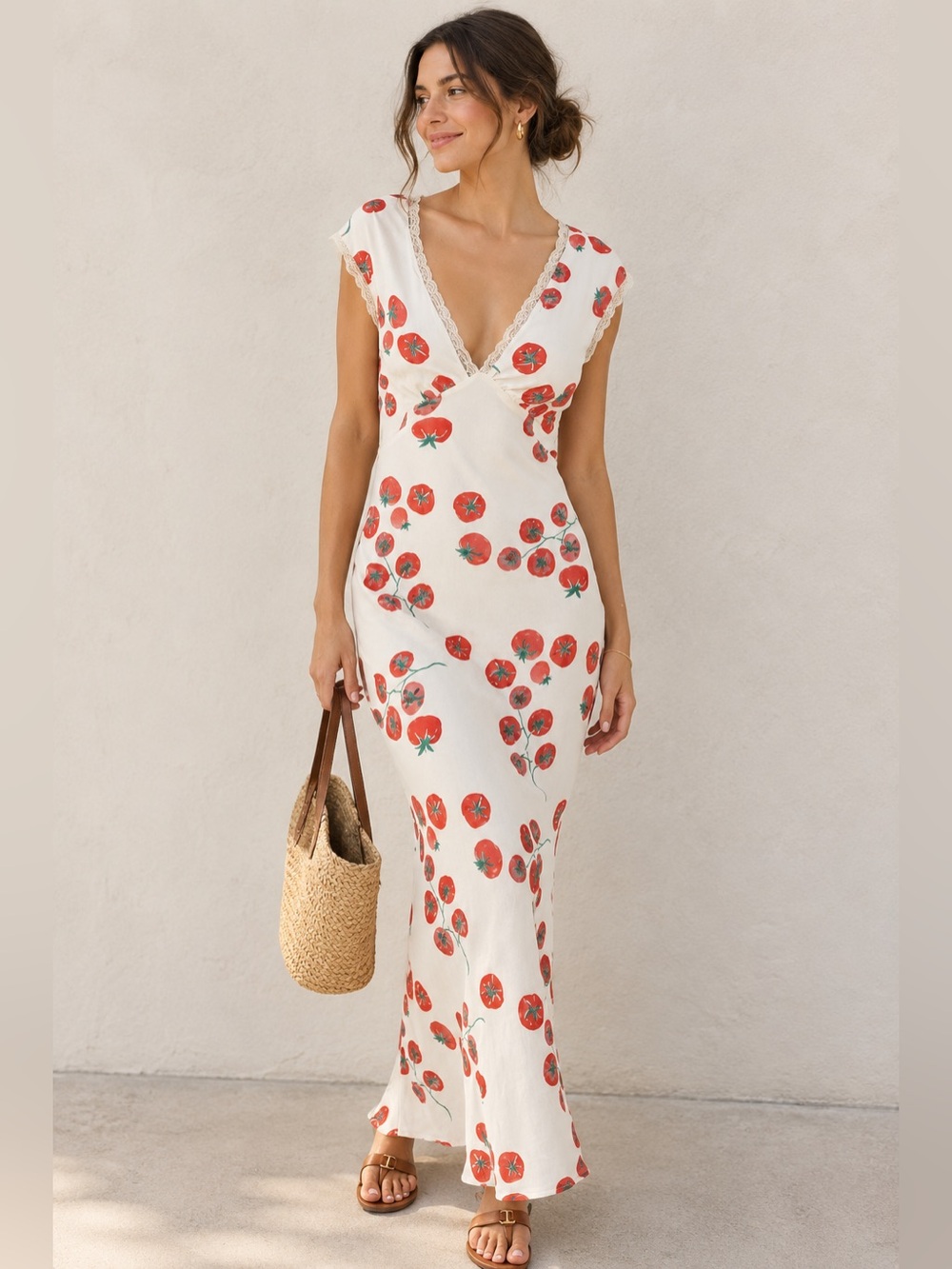 VRG GRL Vintage Lover Tomato Print Lace Trim Bias Cut Maxi Dress size 12